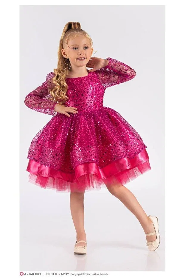 Детское платье для девочек с длинным рукавом Fuchsia princess model sequin embroidered children's evening dress Sare Çocuk Giyim, Fuchsia