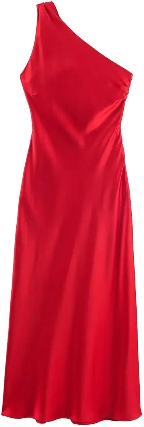 Женское асимметричное платье миди с боковой молнией Satin, Red