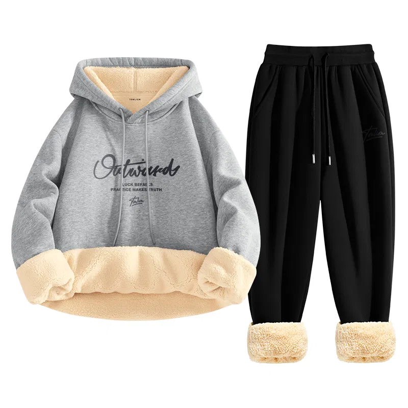 Детский комплект свитшот и джоггеры на флисе с капюшоном с принтом Tonlion, Heather Grey Black