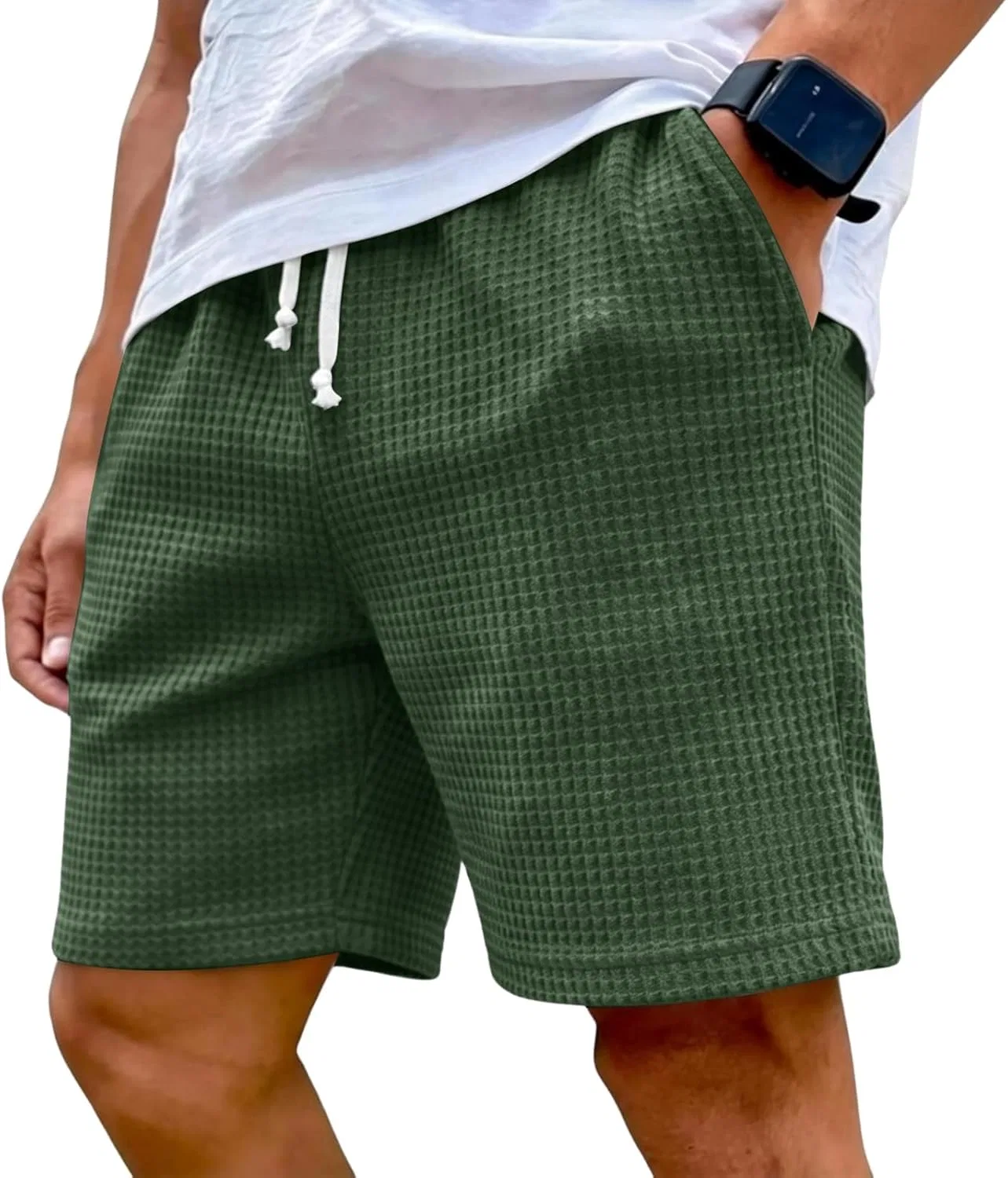 Шорты вафельные мужские с эластичным поясом и карманами, 01-dark Green