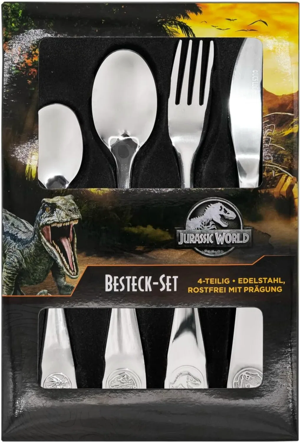 Детский набор столовых приборов с динозаврами Jurassic World, 4 предмета, POS HANDLES, Серебристый — фото 4