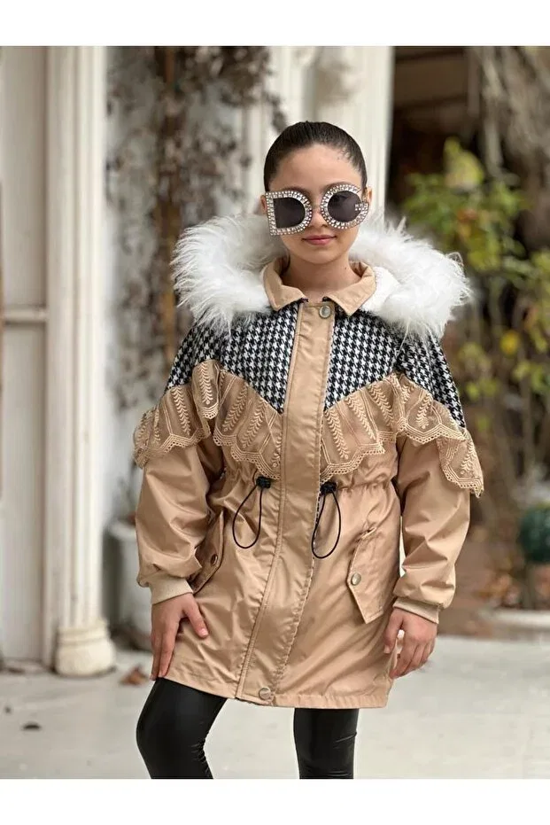 Детское пальто для девочек с капюшоном Eybabykids, Nude Color — фото 4