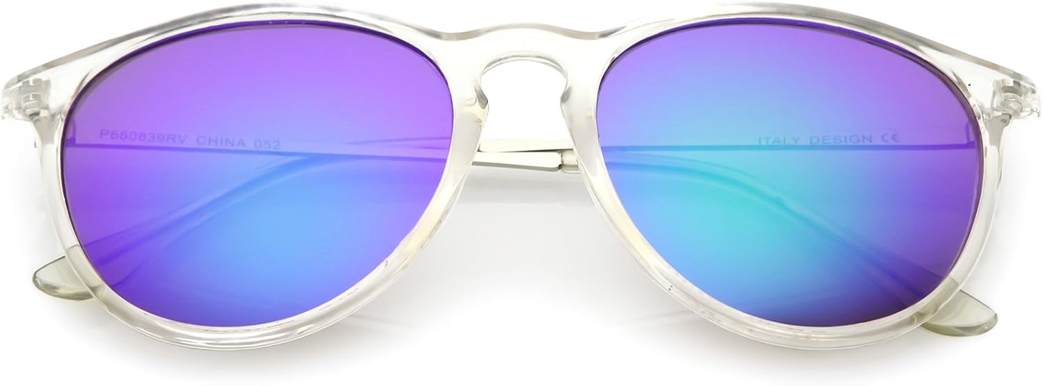 

zeroUV - Современные солнцезащитные очки с металлическими дужками, круглыми зеркальными линзами и роговой оправой, диаметр линз 52 мм, Shiny Clear Silver / Green Purple Mirror