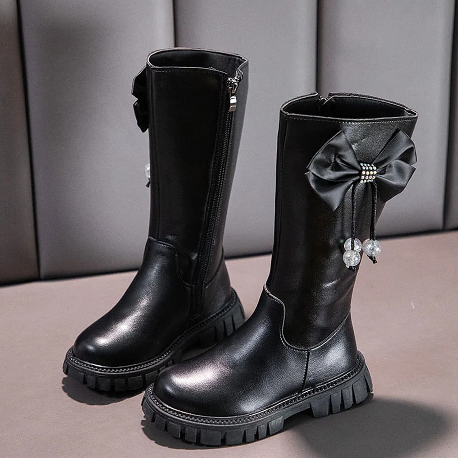 Детские сапоги для девочек на молнии Leather Slip On Flat Boots, Black — фото 2