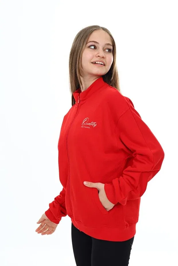 Детский кардиган для девочек с принтом Red girl's mock neck zippered pockets off-shoulder embroidery printed knitted cardigan -3 thread without sharudun Toontoy, Red — фото 3