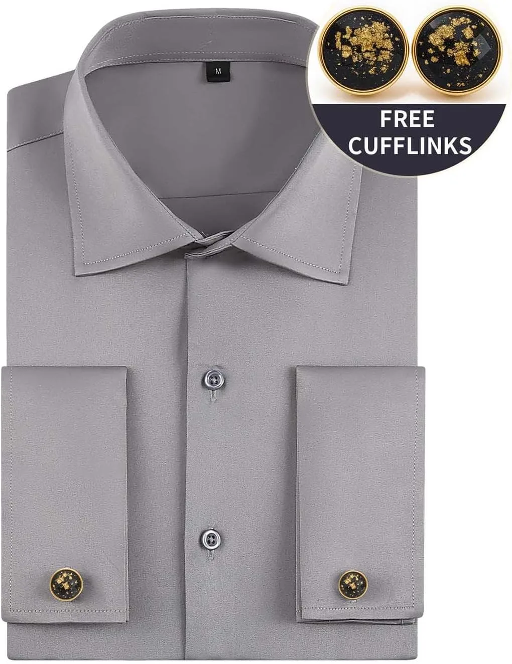 Мужская однотонная рубашка с двойными манжетами для делового стиля Casual, Slim Fit, с широким воротником и металлическими запонками Generic, серый — фото 2