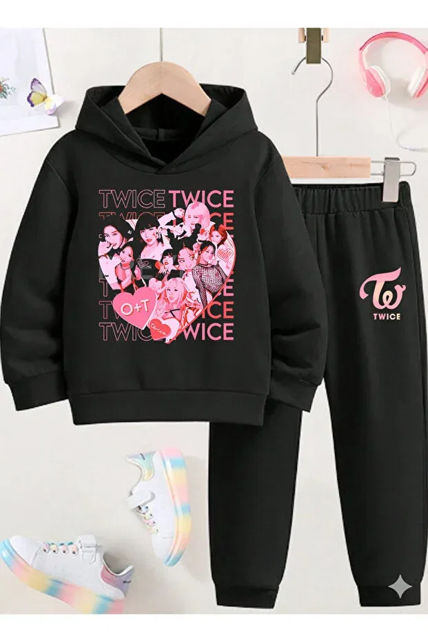 Детский комплект свитшот-брюки для девочек с принтом Twice printed sweatshirt set / k pop Stil X, Black-1