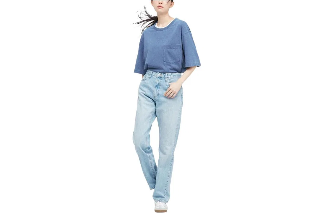 Женская футболка свободного кроя с рукавом до локтя Pink Blue UNIQLO