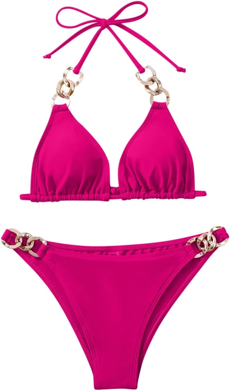 Женский бикини-комплект с металлическими украшениями, High Waisted, Hot Pink