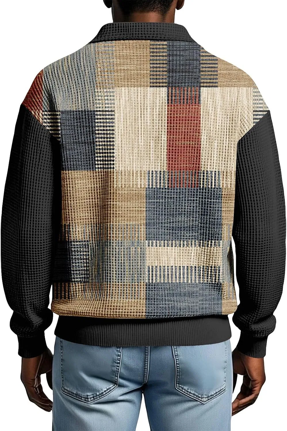 Мужской пуловер с вязаным воротником-поло Patchwork Knit, 01-khaki — фото 2