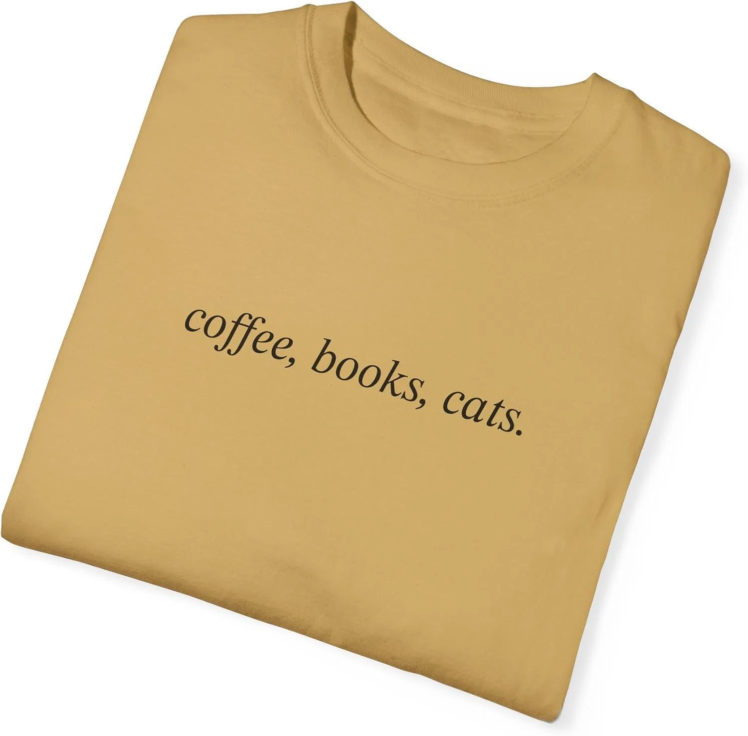 Женская футболка с графическим принтом Coffee Books Cats Comfort Colors, Mustard — фото 3