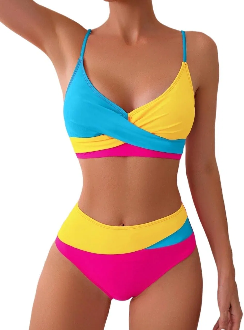 Женский бикини-сет с цветовой блокировкой High Waisted Spaghetti Strap, Multicolor