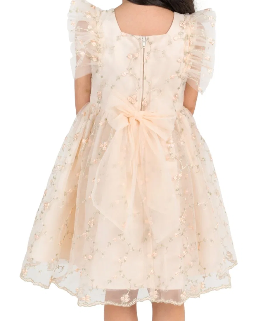 Платье из сетки с вышивкой и рукавами-воланами, модель Embroidered Mesh Flutter Sleeve Dress Rare Editions, Taupe — фото 3
