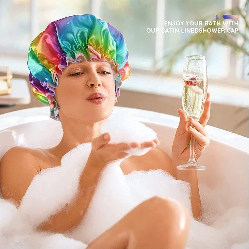 Шапочка для душа двойная водонепроницаемая, Fituenly, 32 см, Rainbow — фото 4