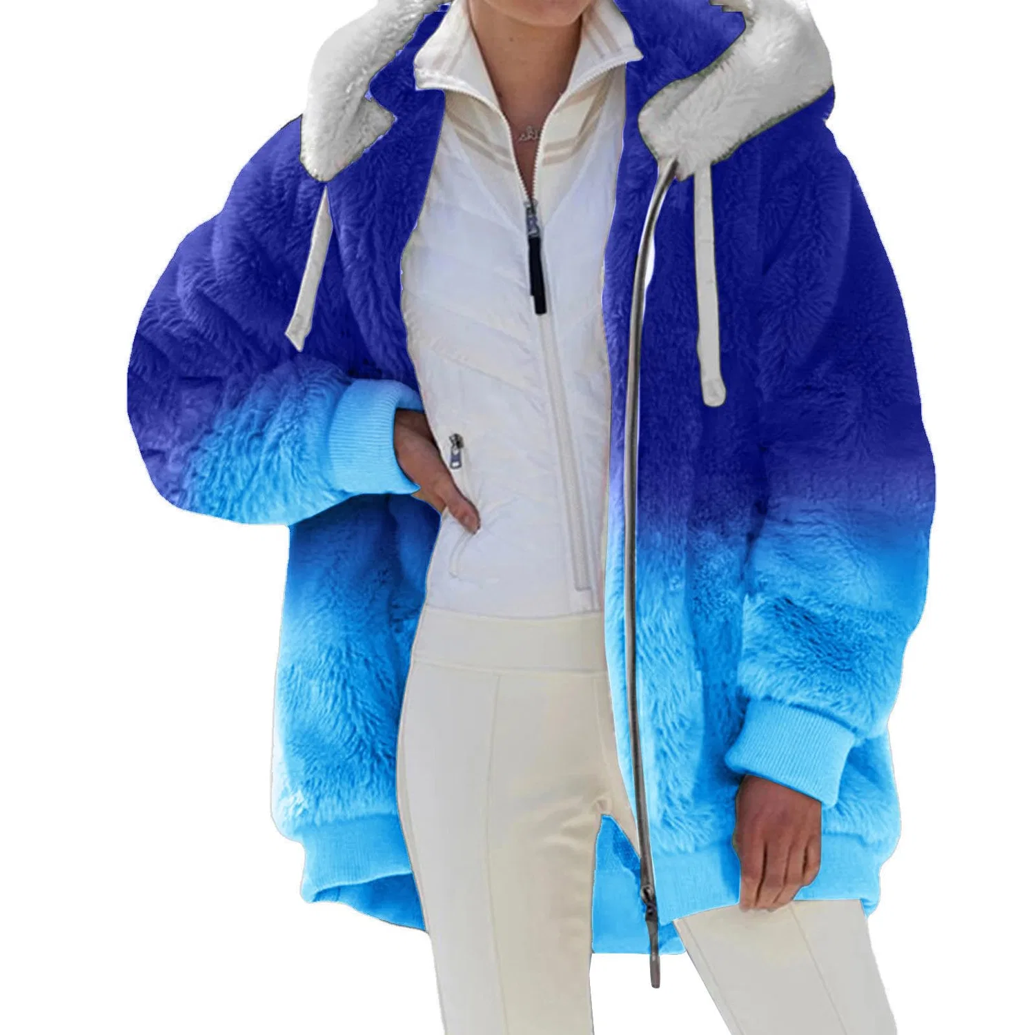 Женская мягкая длинная oversize-куртка с принтом двух цветов, на пуговицах, Blu 10 — фото 2