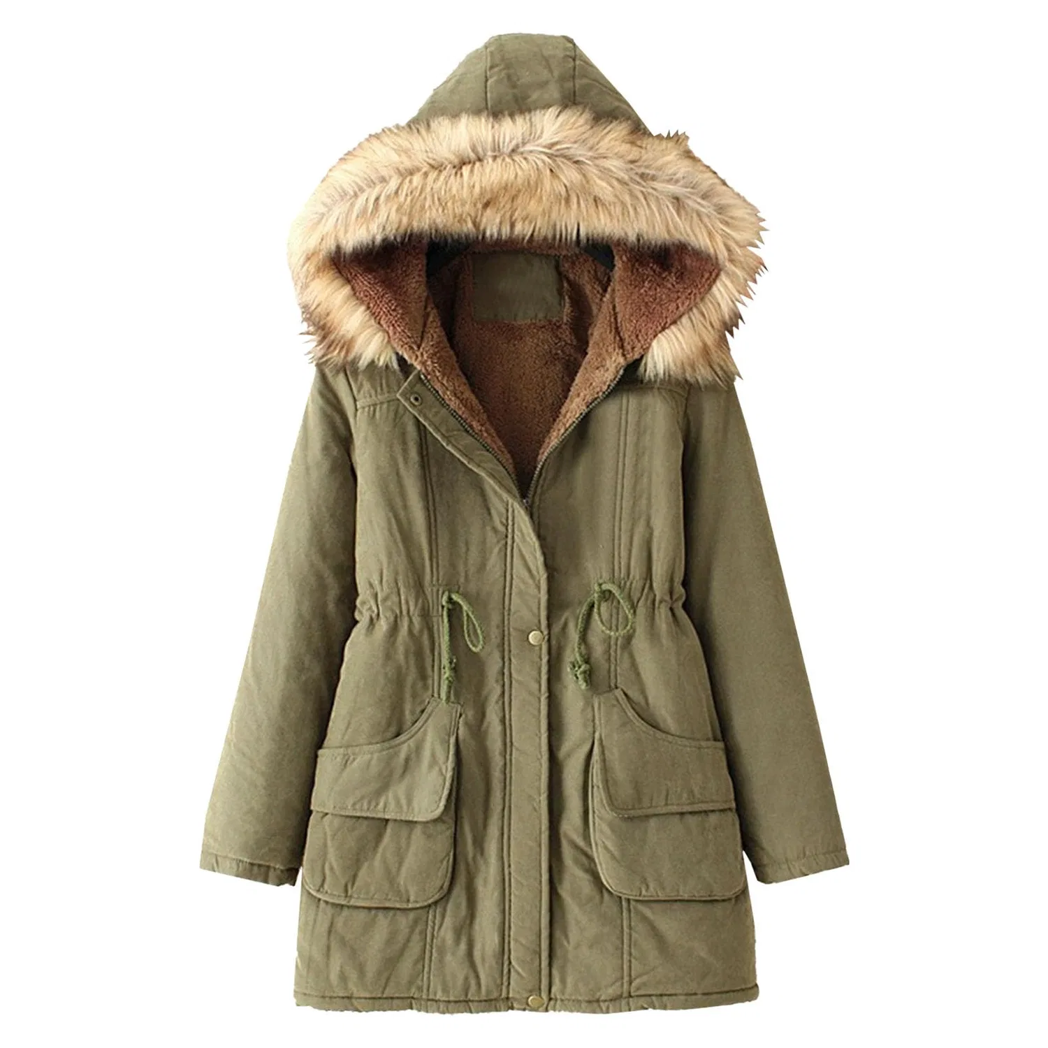 Женское зимнее пальто-парка с искусственным мехом и капюшоном, Military Parka, army green
