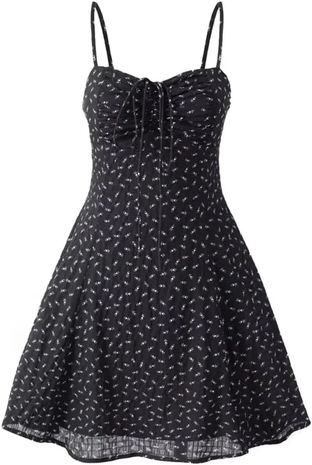 Женское мини-платье с принтом Flora, Spaghetti Strap, Red Ties, Black