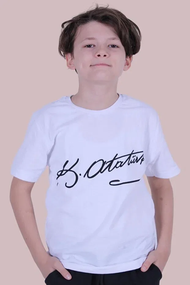 Детская футболка с принтом Signed Ataturk Printed Unisexs T-Shirt Panio Kids, White - Black — фото 3