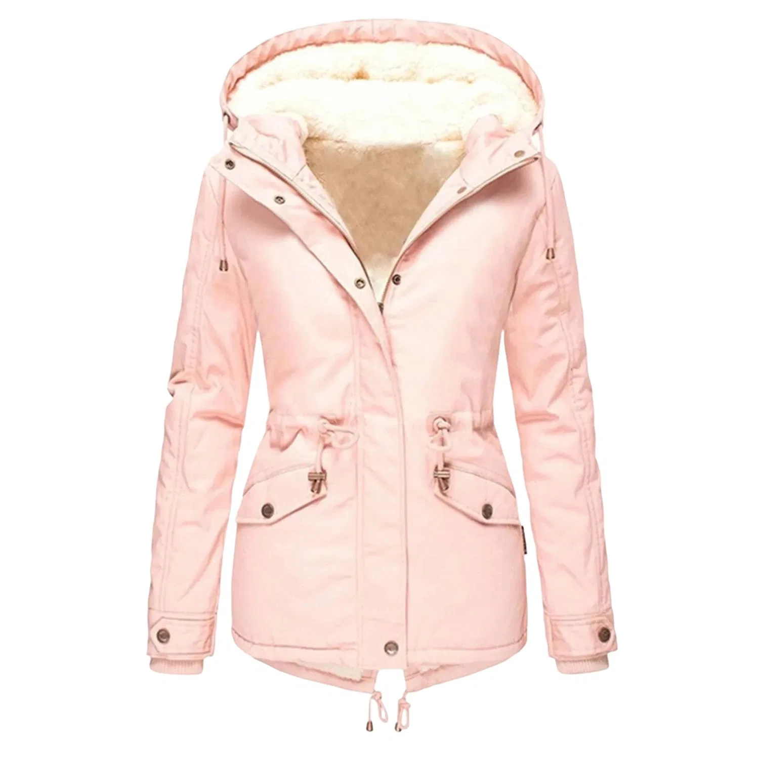 Женское зимнее пальто с капюшоном и флисовой подкладкой, pink