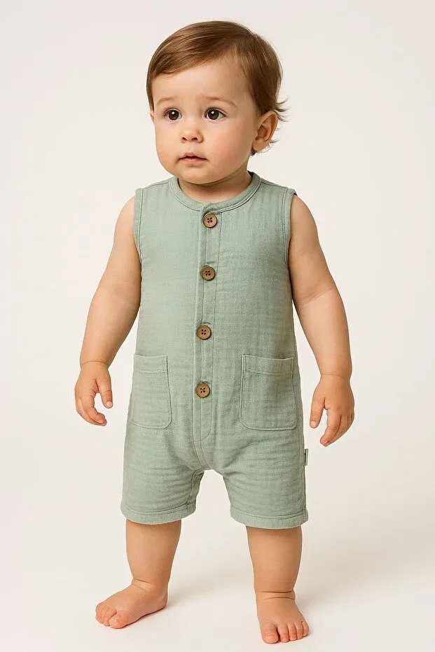 Детский комбинезон для девочек хлопковый Organic Muslin Summer Natural Baby Jumpsuit With Pockets Mai Perla, Green