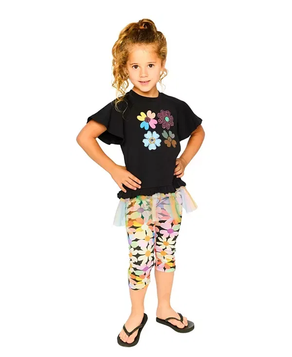 Детские брюки для девочек с принтом Flowers Leggings Deux Par Deux, Black Floral Print — фото 4