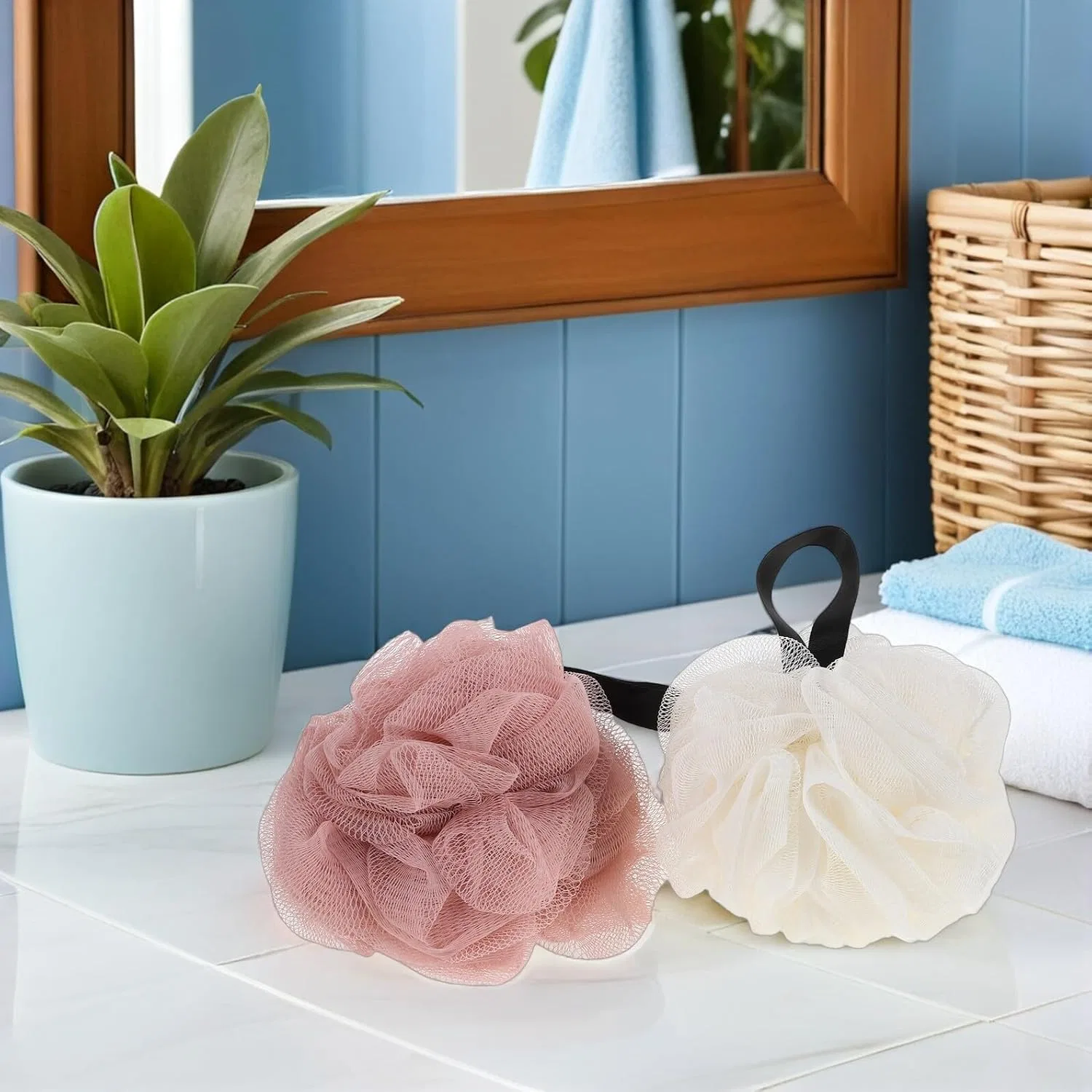 Мочалка для душа из сетки для пилинга, 2 шт, SHERCHPRY, 19x14x14 см, Beige and Rose — фото 4