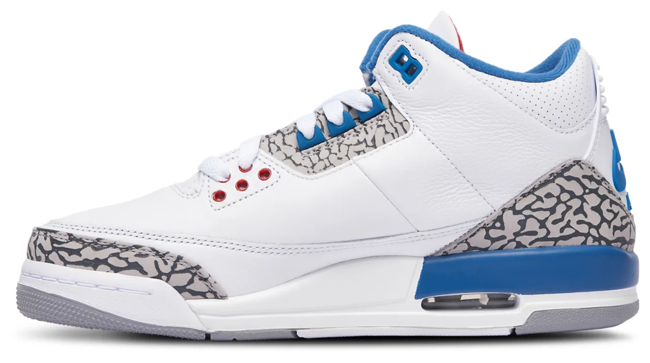 Детские баскетбольные кроссовки для мальчиков с кожаным верхом Jordan Retro 3 Jordan, White Varsity Red True Blue — фото 2