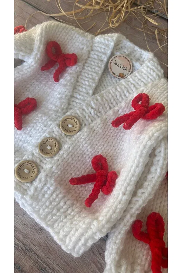 Детский кардиган для девочек хлопковый Hand-Knitted red bow Seraskids, White — фото 3