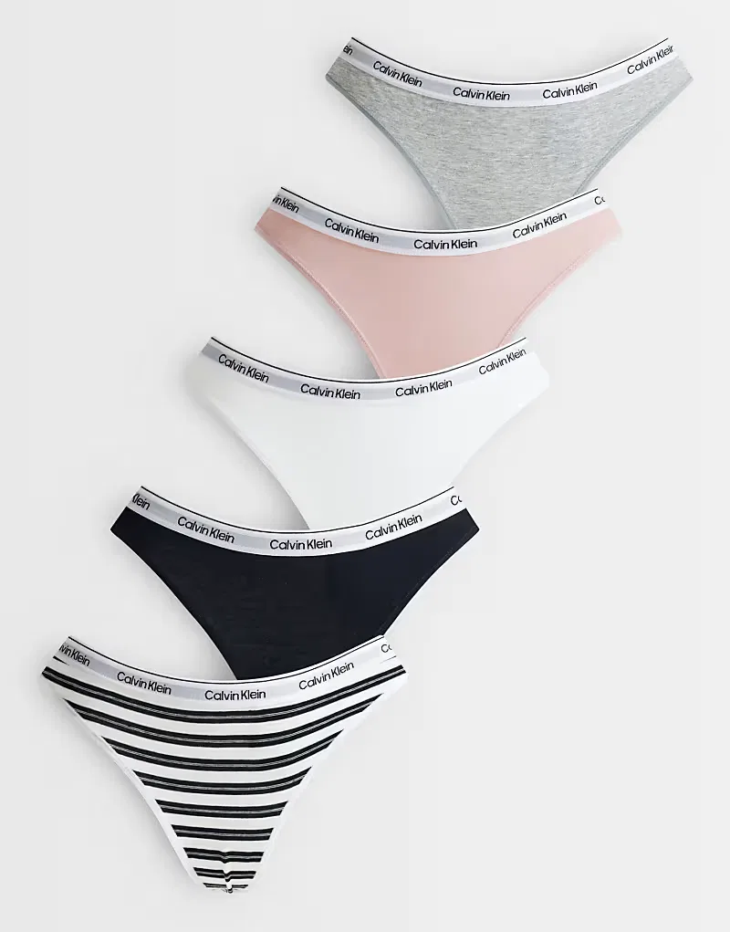 Трусики-стринги Calvin Klein Icon Logo, 5 штук, в черно-полосатом, серо-розовом цвете