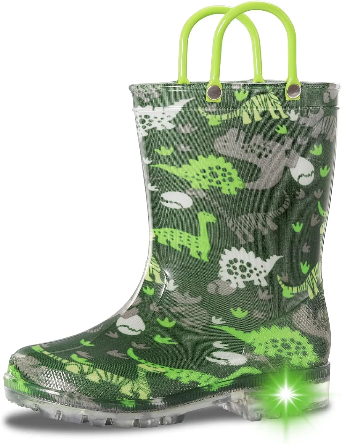 Детские сапоги дождевые с подсветкой WILLPORT, Green Dinosaur