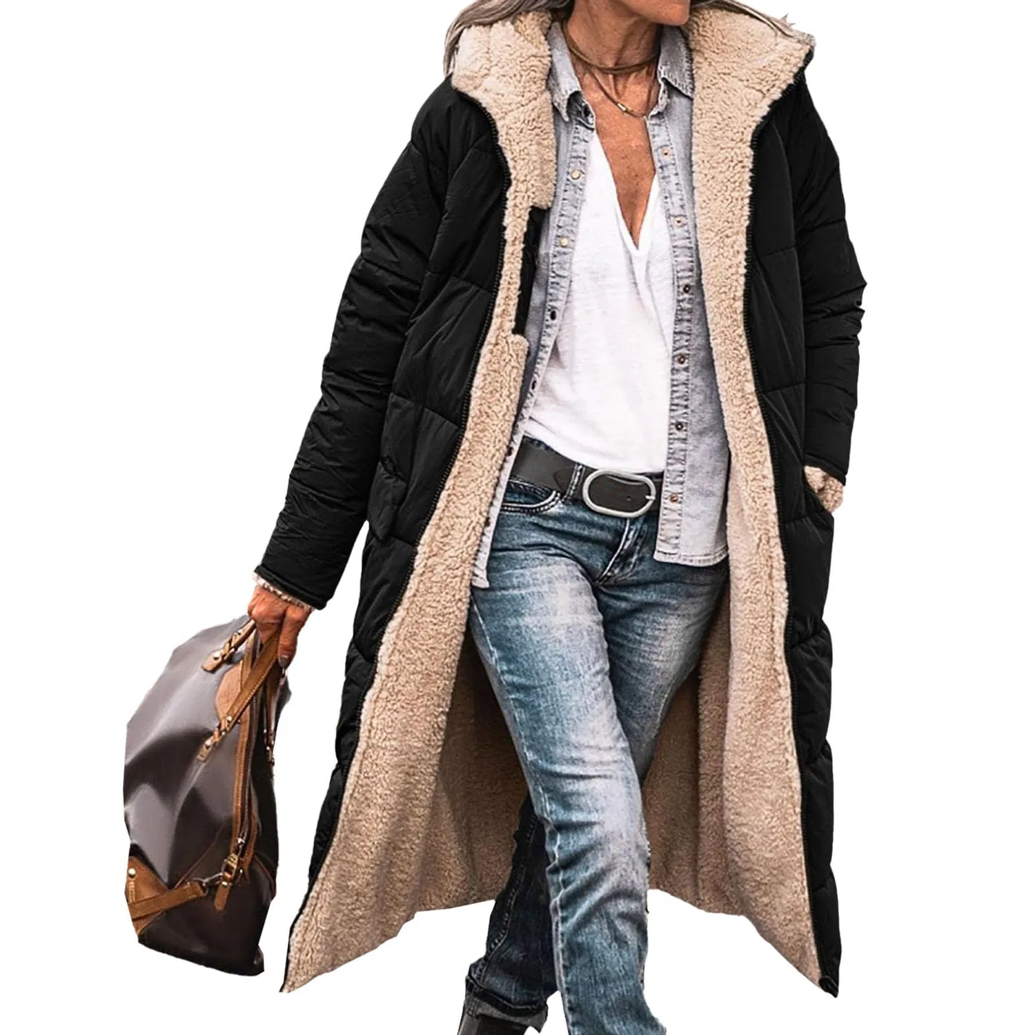 Женское пальто с капюшоном из овчины Oversized Shearling Fleece, Black