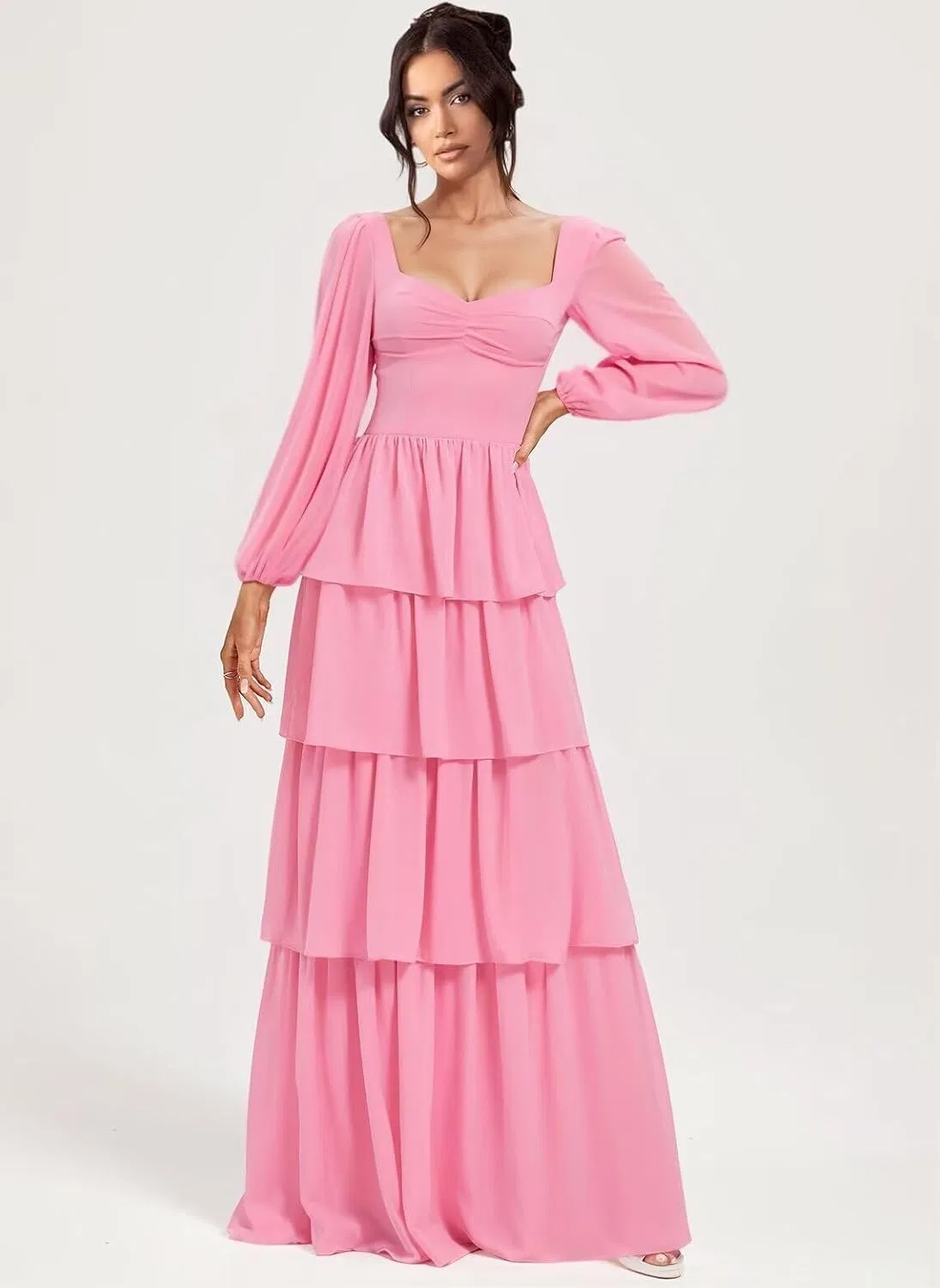Женское длинное платье с воланами из шифона, Hot Pink — фото 4