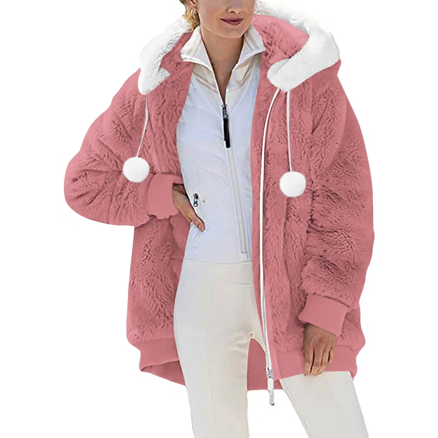 Женское утепленное худи с капюшоном Oversized Jackets Women Fleece Full Zip Hooded Jacket, Rosa — фото 2