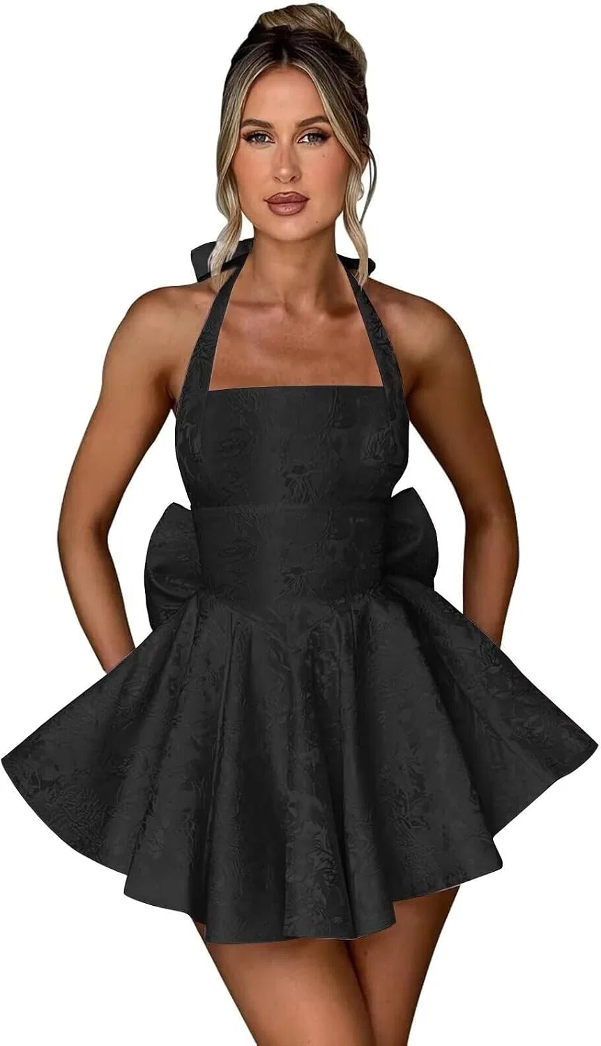 Женское короткое платье с корсетом и бантом, Black