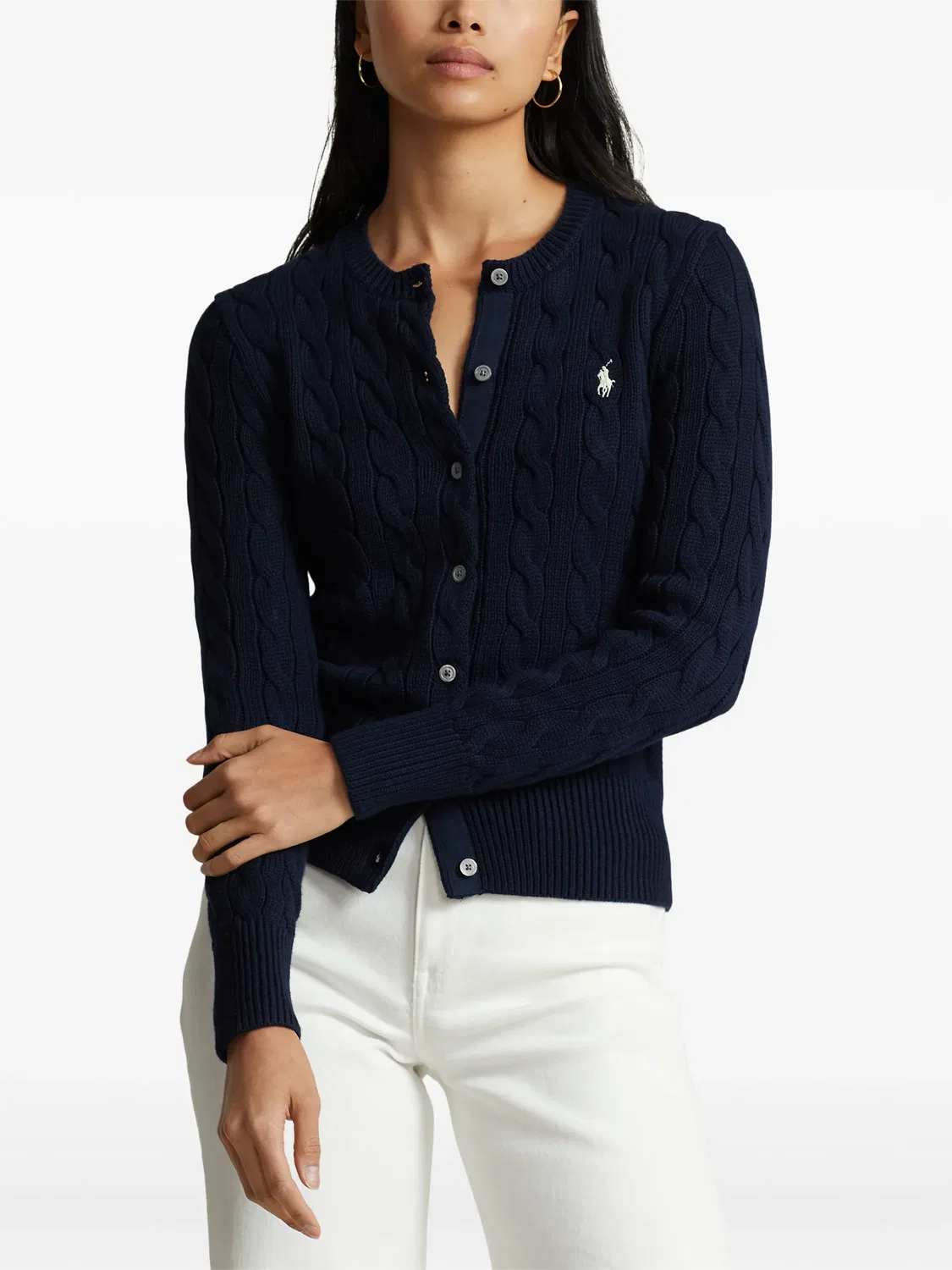 Кардиган фактурной вязки с вышитым логотипом Polo Ralph Lauren, синий — фото 3