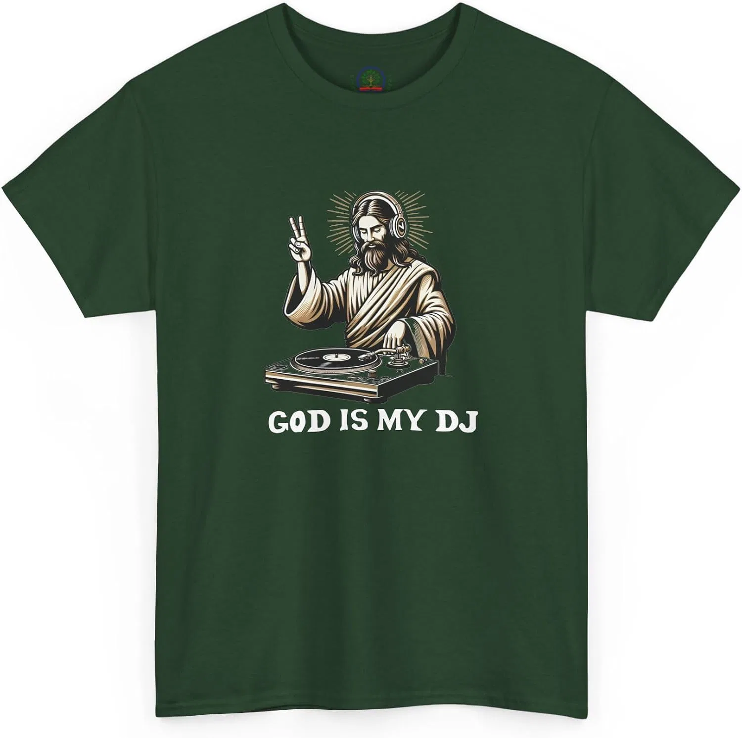 Мужская футболка с принтом God is My DJ, тёмно-зелёный — фото 3