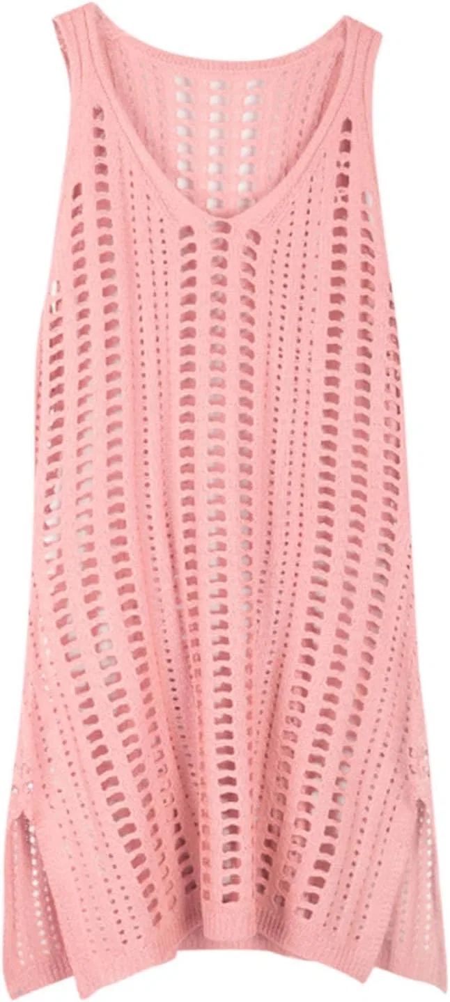 Женский пляжный сарафан-туника с ажурной вязкой, Pink — фото 3