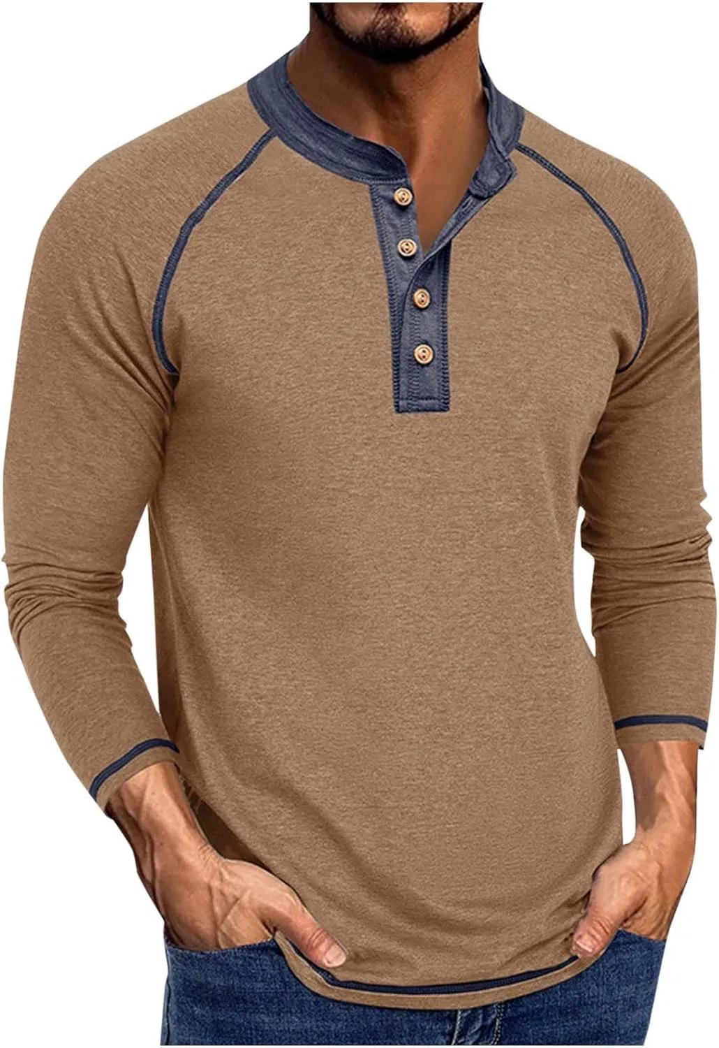 Мужская футболка с длинным рукавом и полукардиганом, Khaki