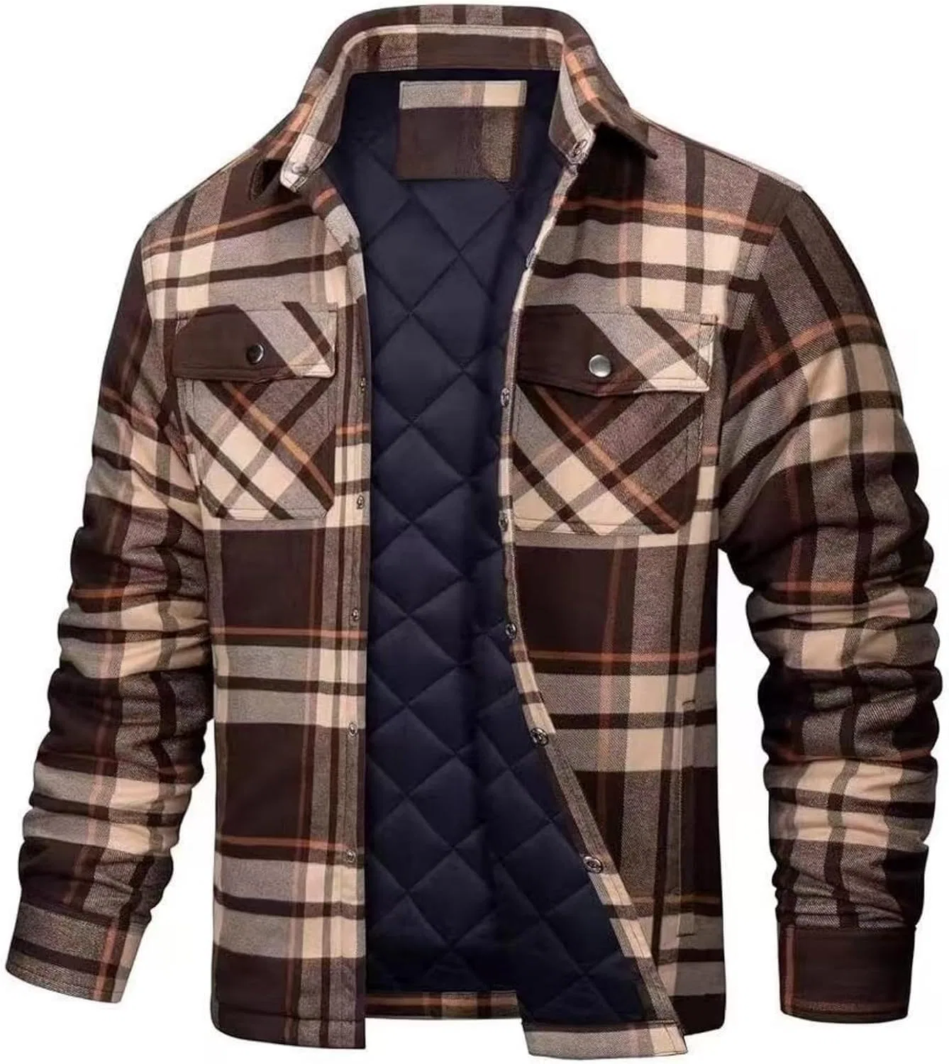 Мужская стеганая фланелевая рубашка-куртка на пуговицах, Dark Brown Plaid