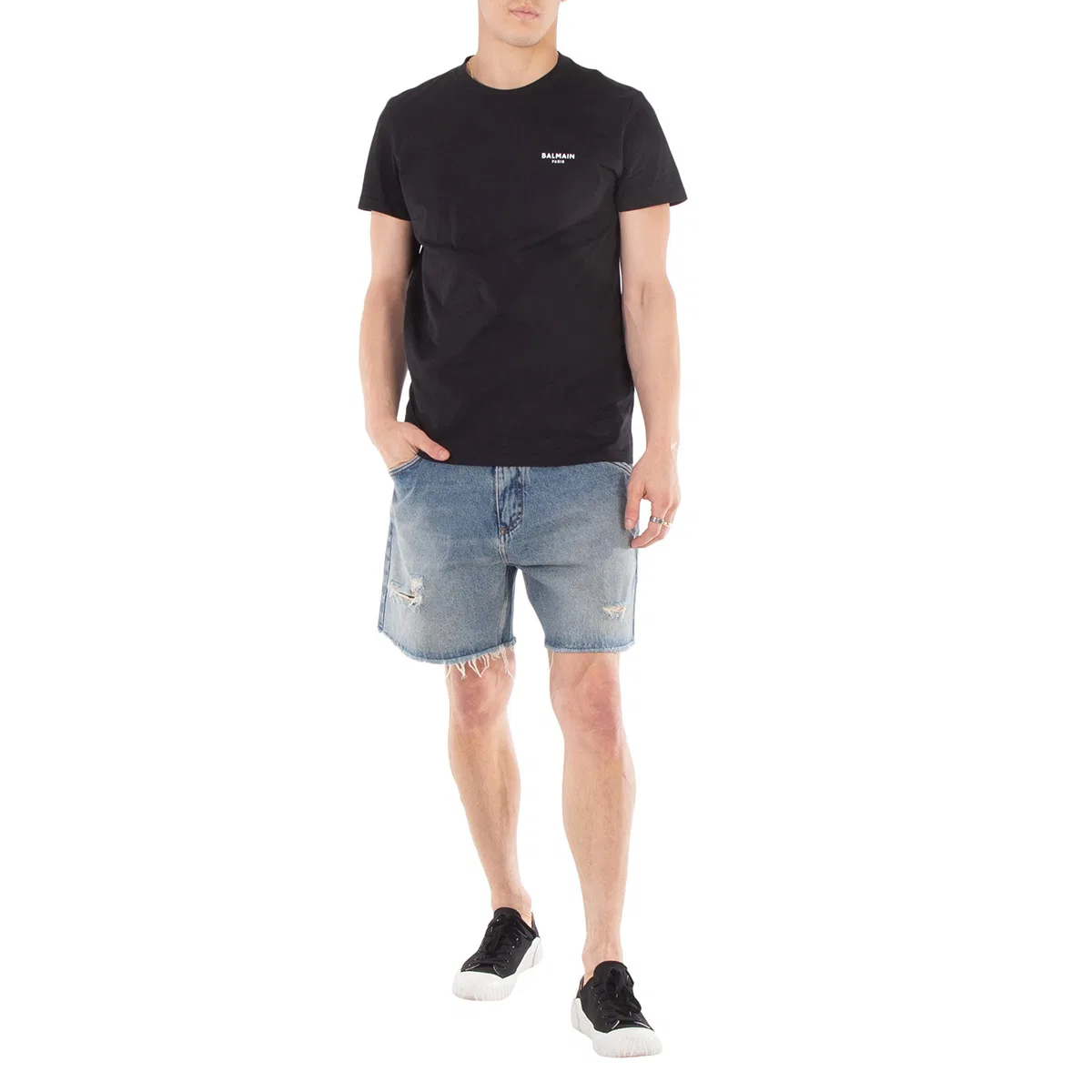 Шорты джинсовые с потертостями Ripped Cotton Denim Jean Shorts Balmain, Blue — фото 2