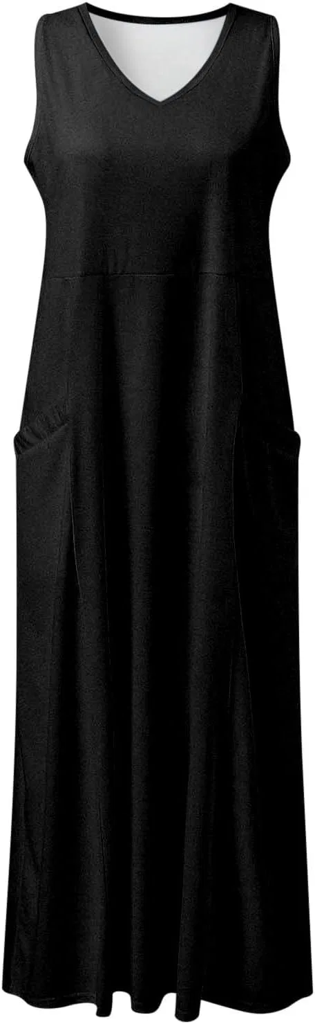 Женское летнее свободное платье макси с карманами, Black — фото 3