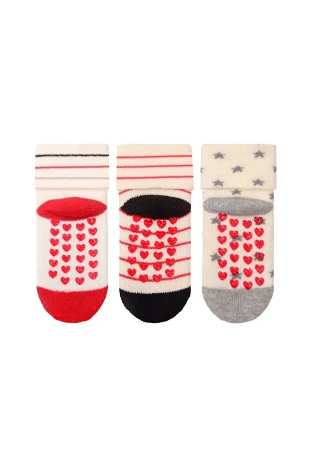 Детские носки для девочек с рисунком Сердце 3-Piece family themed non-slip sole baby girl towel socks Generic Brands, Nude Color — фото 2