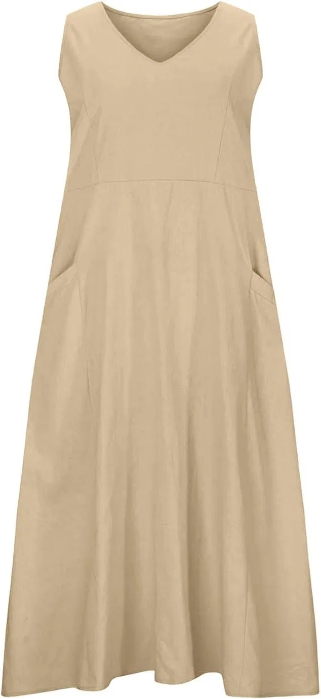 Женское летнее платье макси из хлопка и льна, Beige — фото 3