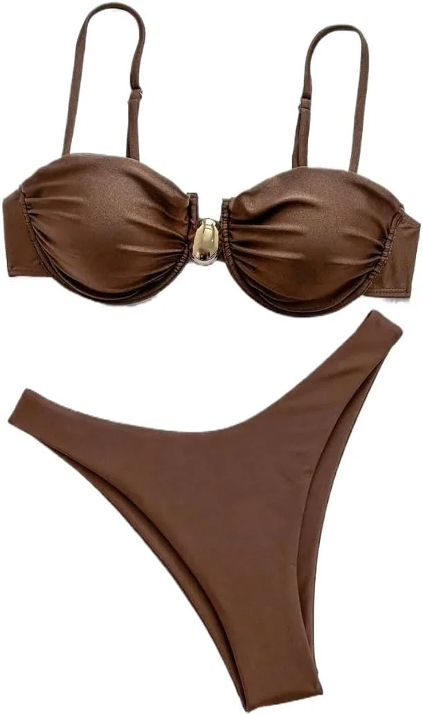 Женский цветной бикини-сет с бретельками-спагетти, Low-Rise, Coffee Brown