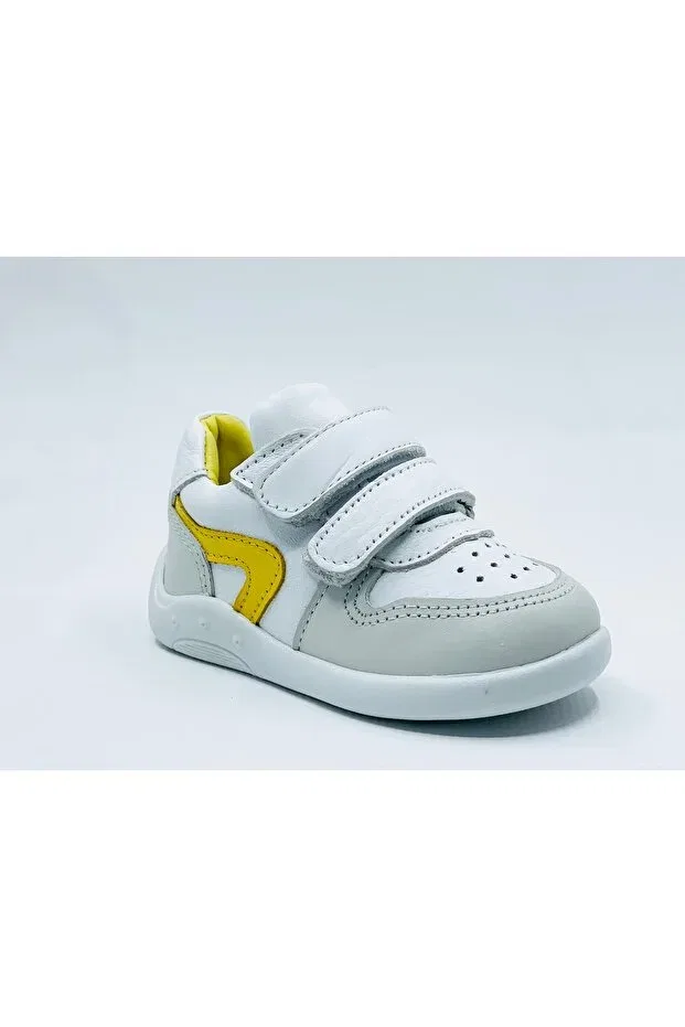 Детские кроссовки для девочек кожаные с ортопедической стелькой Lepi, White-Yellow — фото 3