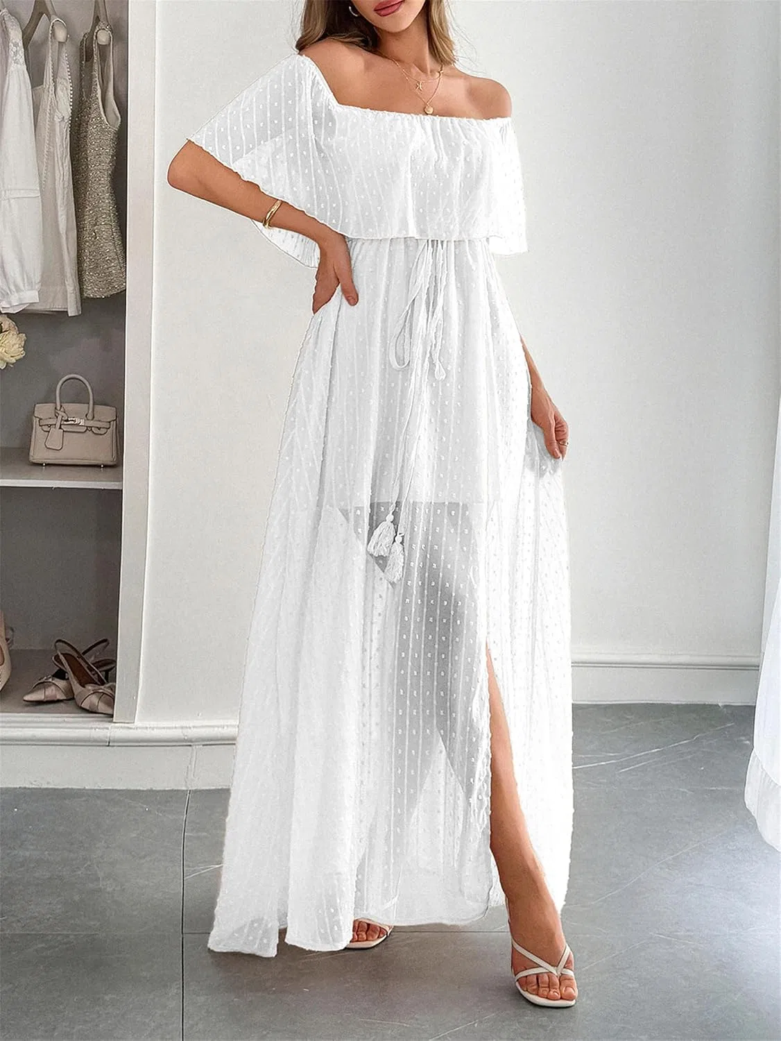 Женское летнее платье с цветочным кружевом Off Shoulder, White — фото 2