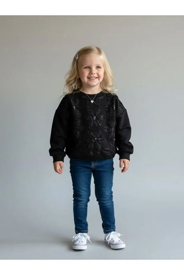 Детские свитшот для девочек с принтом Girl's flower embroidered design Zekids, Черный — фото 4