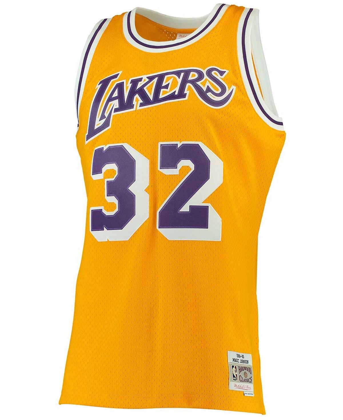 Мужская футболка magic johnson gold los angeles lakers 1984-85 hardwood classics swingman jersey Mitchell & Ness — фото 4