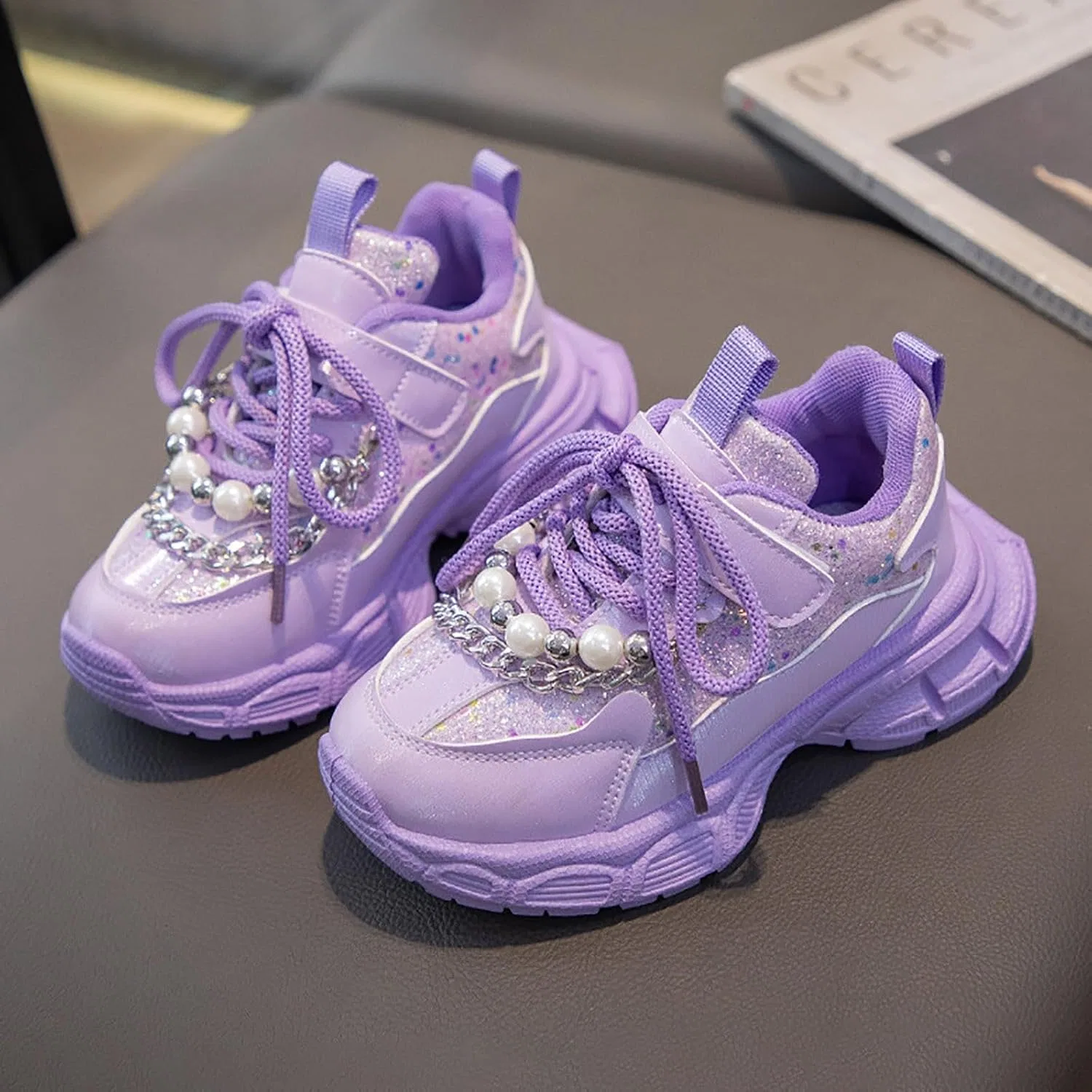Детские кроссовки для девочек с принтом Mesh Lace Boots, Purple — фото 3