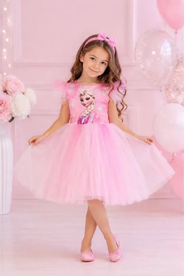 Детское платье для девочек с принтом Elsa Hmz Gold, Pink — фото 2